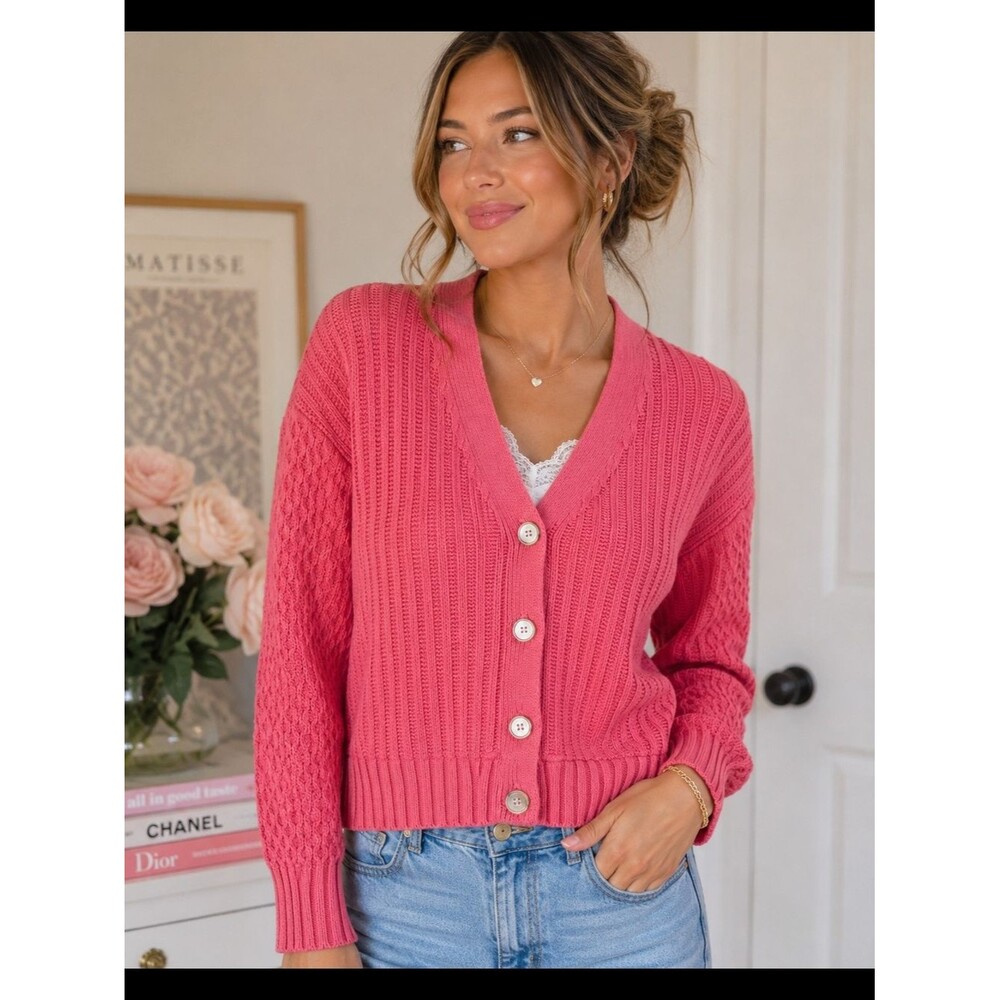 Time & Tru Pink Textured Knit Button Front Cardigan Sweater Size Small Oversized